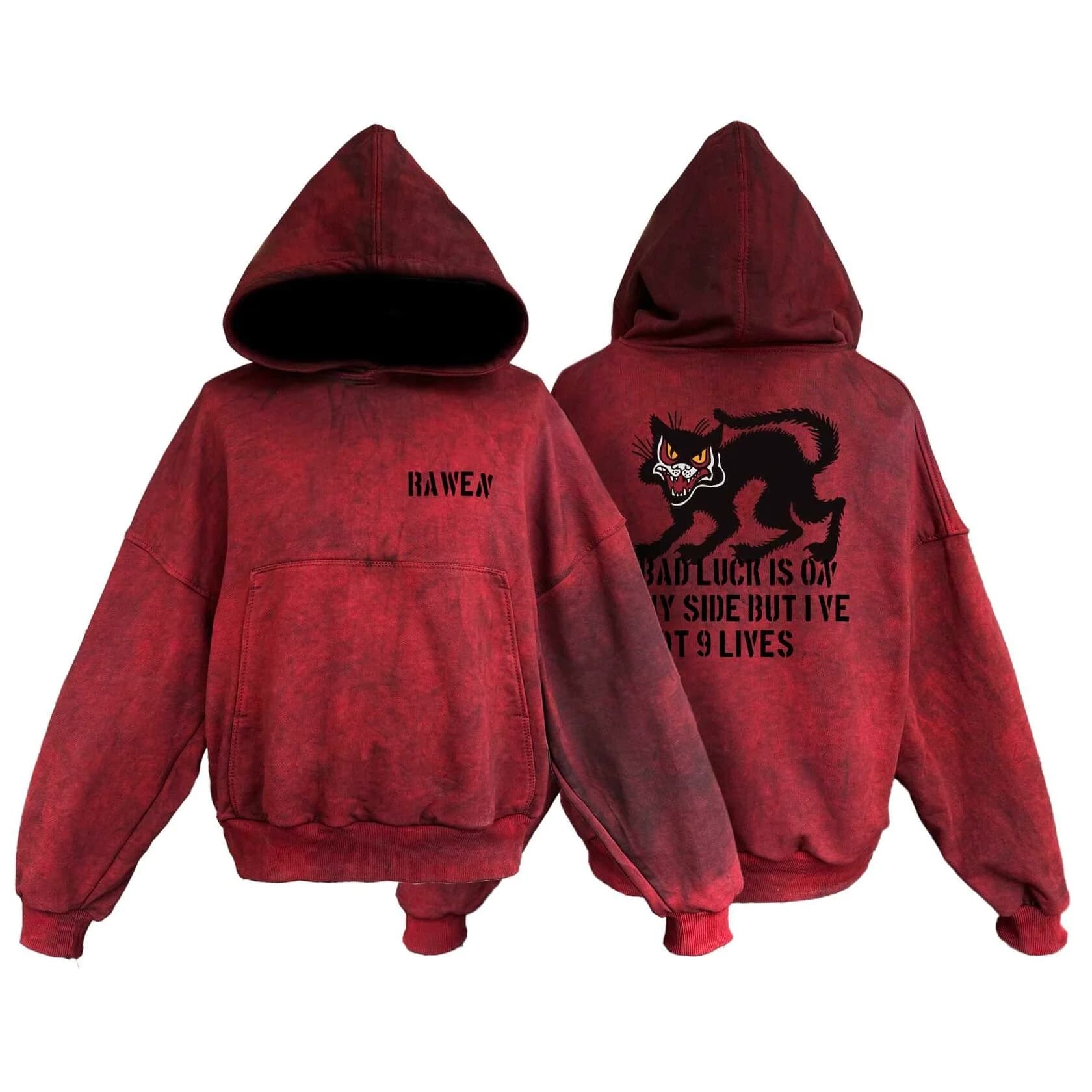 Hoodie "9 Lives" Cold Wash Oil Red